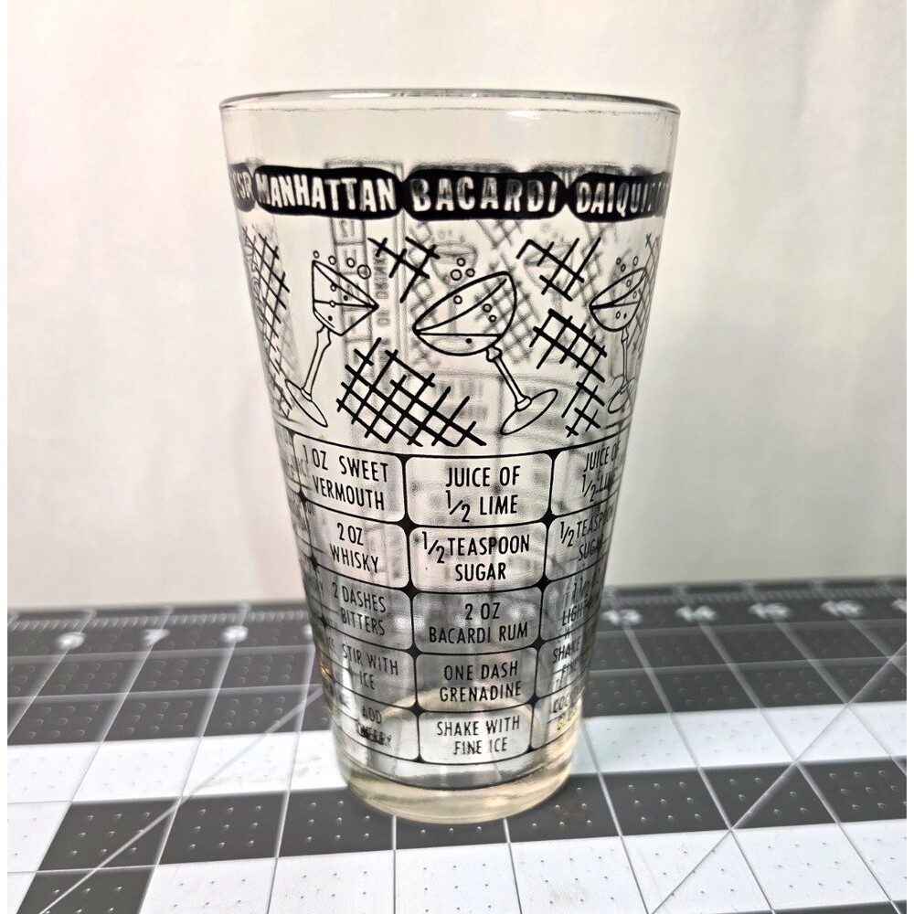 Vintage Cocktail Recipe Mixing Glass Drink Mixer 12 oz Clear Black Print Scale